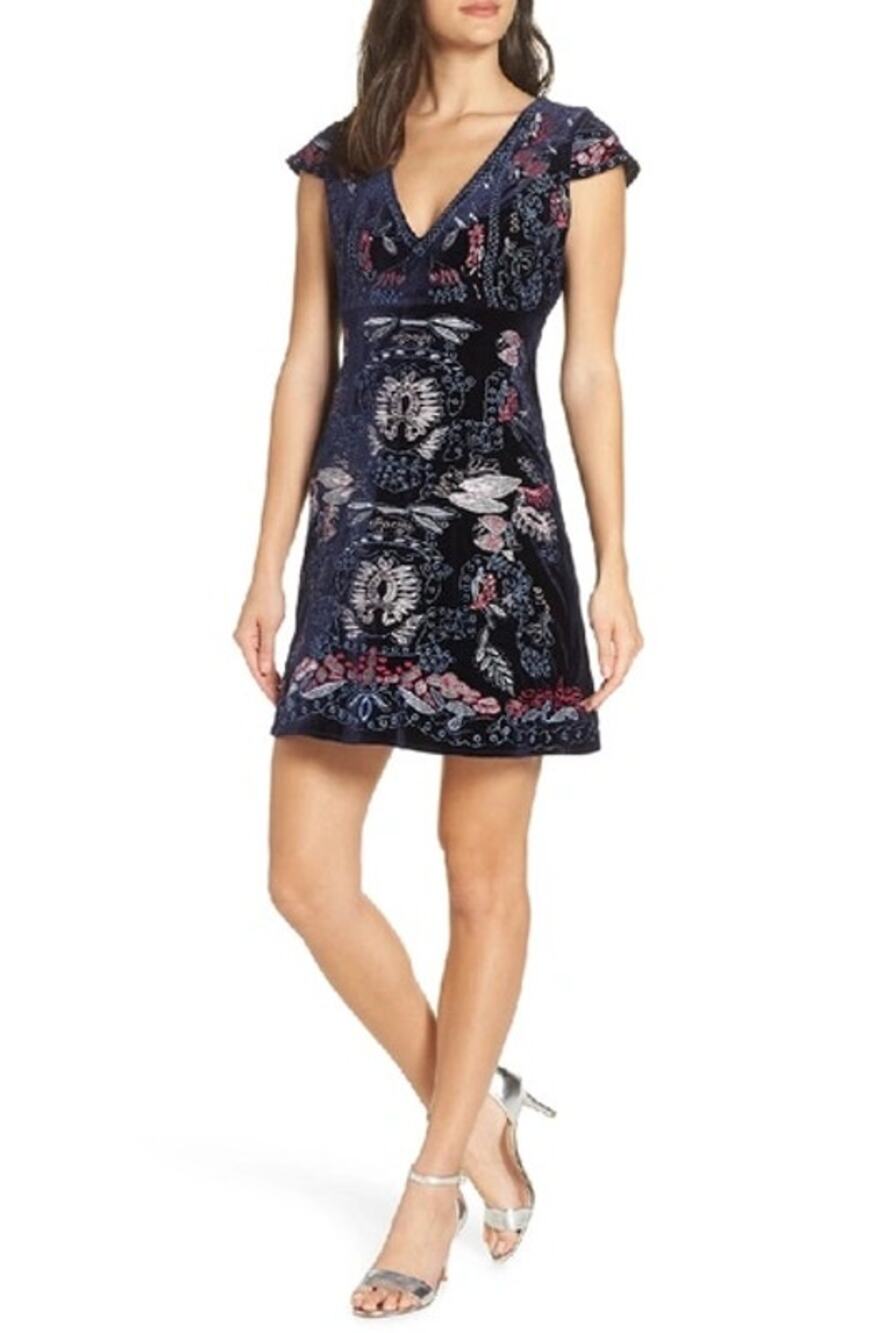Foxiedox Yolanda Velvet Embroidered Dress Navy Multi V-Neck Cap Sleeve XS